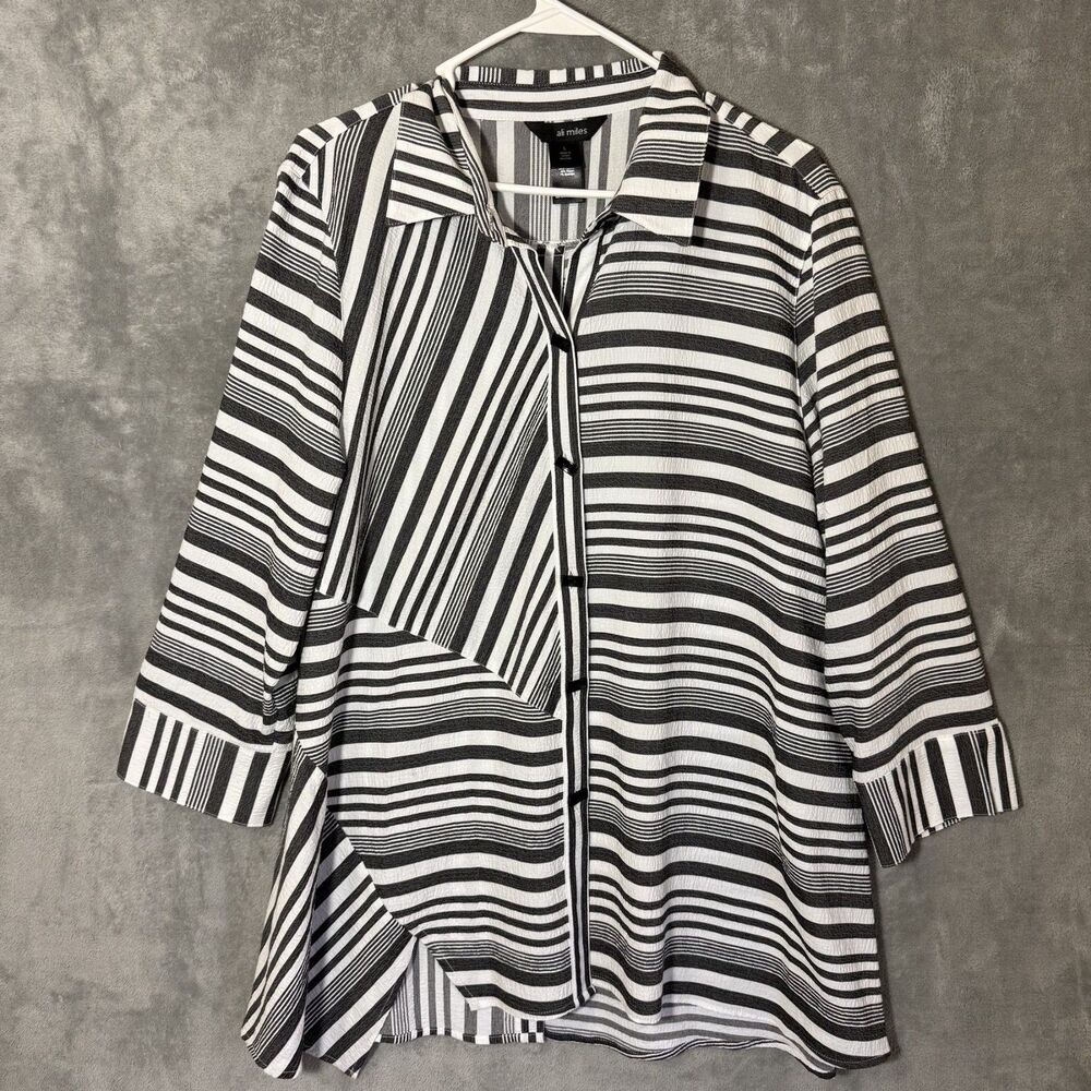 Ali Miles Women's Large Black White Mixed Stripe Tunic Top 3/4 Sleeve Lagenlook